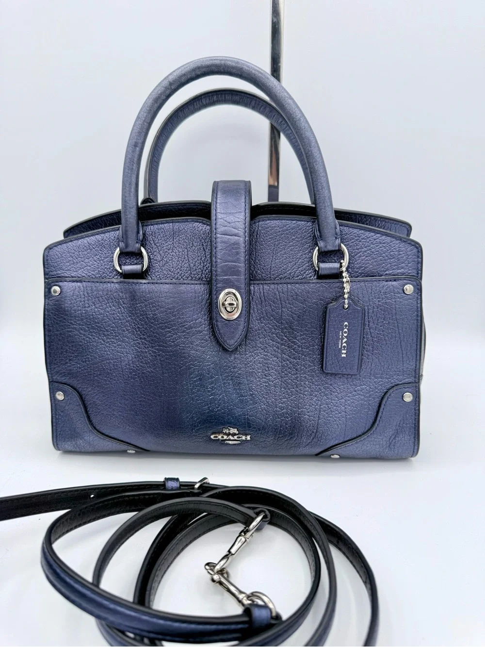 Coach Mercer 24 Satchel Metallic Navy Pebbled Leather Crossbody